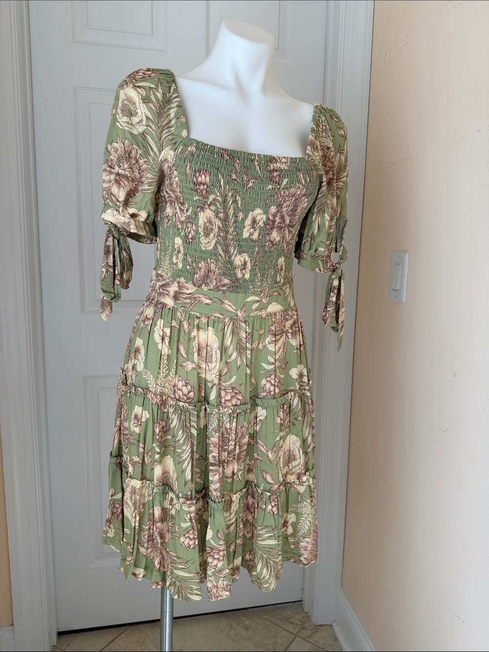Agua Bendita X Target Sage Green Floral Smocked Midi Dress